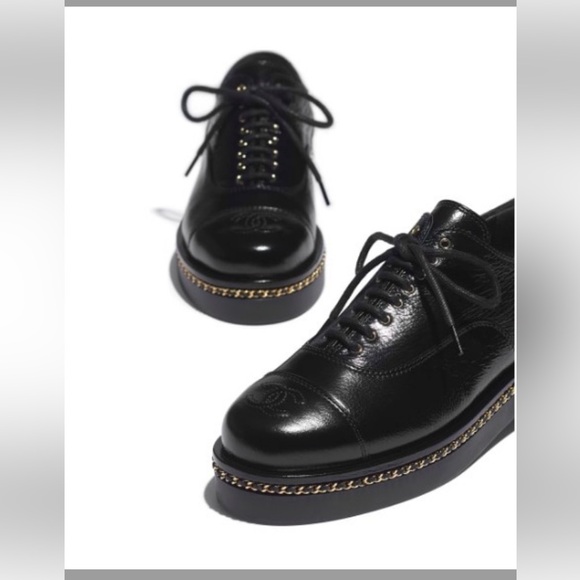 Chanel 20K crumpled Lambskin Cap toe Lace up Chain Around shoes black Eu 39.5 - Picture 2 of 16